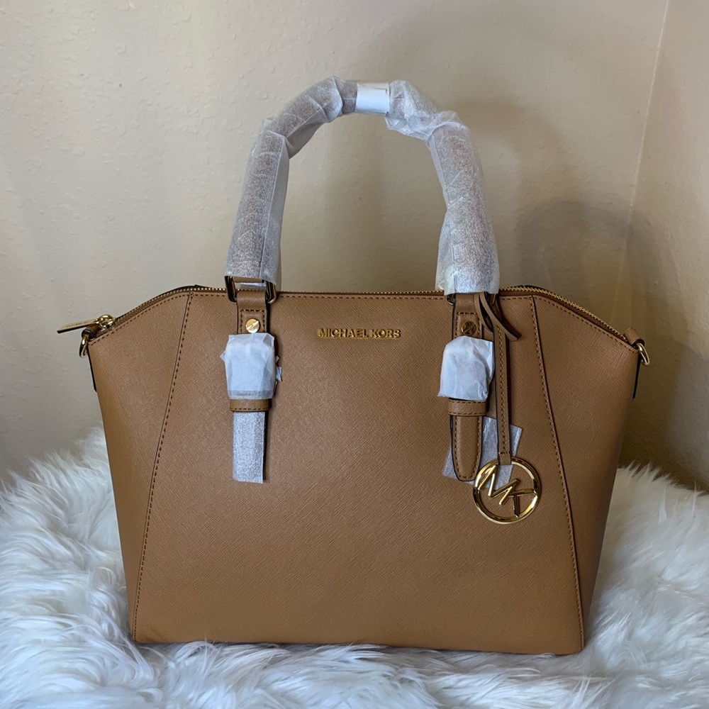 MK-Large Ciara Top Zip Satchel leather Bag Brown